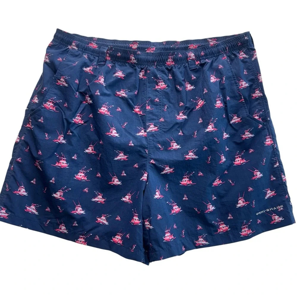 Columbia PFG Blue w/ Pink Sail Boats Swim Trunks Fishing Mesh Shorts Mens XL 132